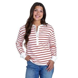 Molly Yeh French Terry Striped Henley Shirt Half Button Womens XL White Red
